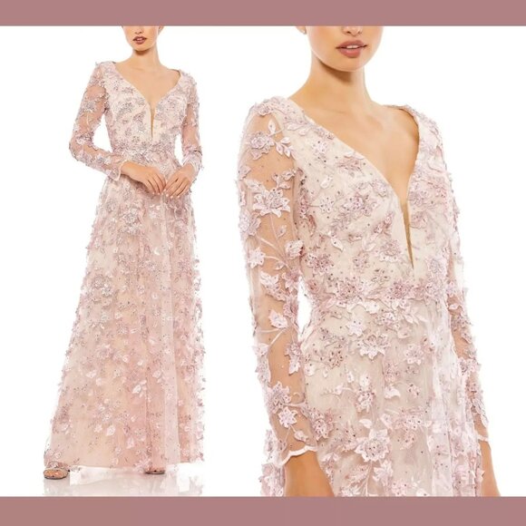 Mac Duggal Floral Applique Gown Women 6 3D Fairy Whimsical Formal Elegant Pink